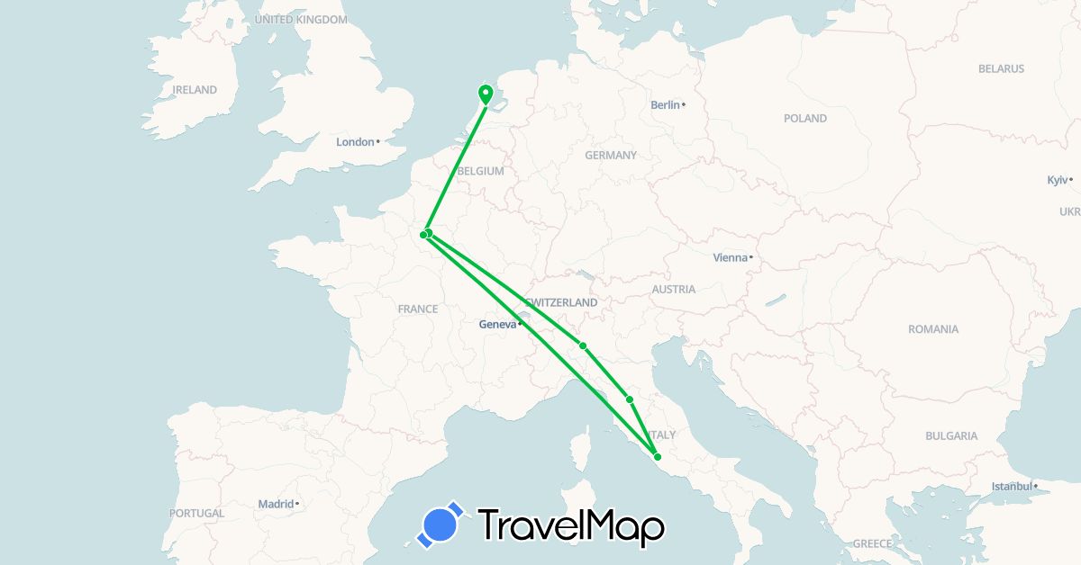 TravelMap itinerary: driving, bus in France, Italy, Netherlands (Europe)